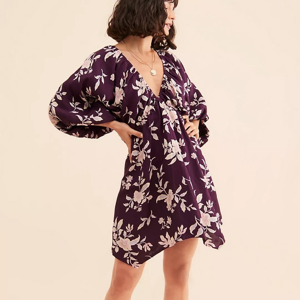 Free People Portia Printed Mini Dress Linen Blend Purple Floral XS